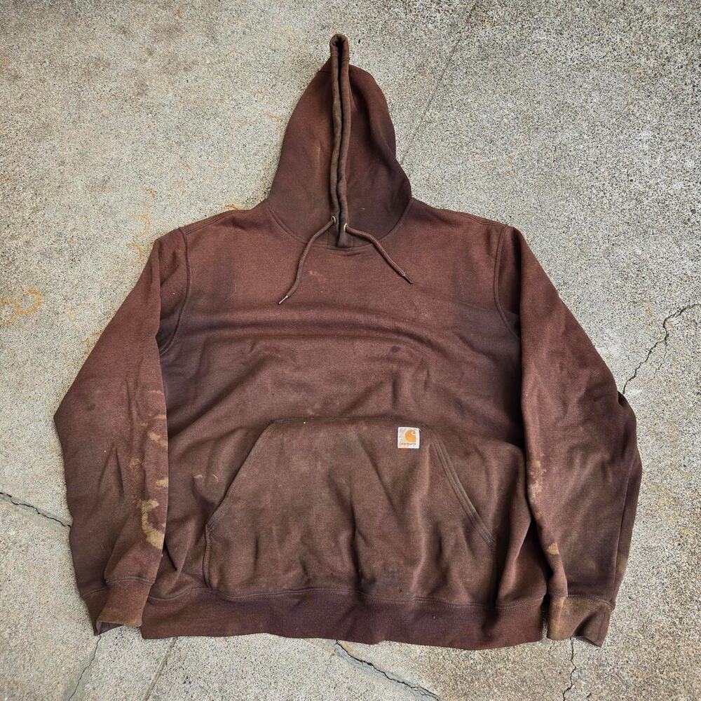 Vtg CARHARTT Box Logo Patch Earthtone Distressed Workwear Hooded Sweatshirt XL